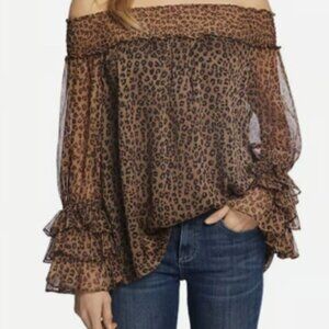 CeCe Top Womens Small Floral Off the Shoulder Sheer Blouse Ruffle Sleeves